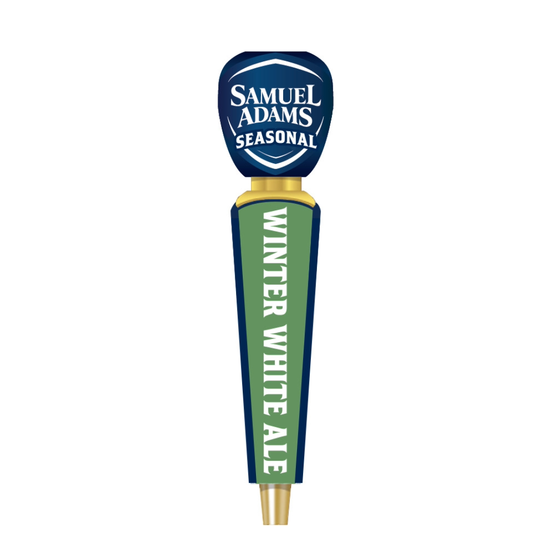 A Samuel Adams Seasonal Winter White Ale beer tap handle on a solid white background. The handle features a dark blue top cap with white lettering, a green middle section with white text, and gold metal accents at the collar and base.