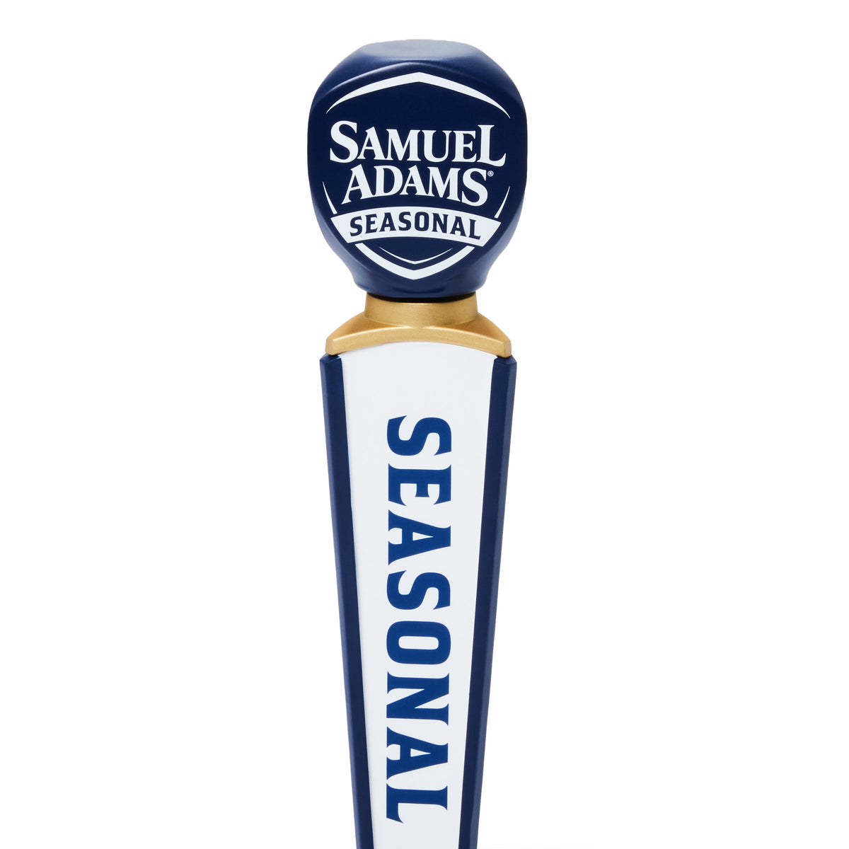 A Samuel Adams Seasonal beer tap handle on a clean white background. The handle features a dark blue spherical top with the white 'Samuel Adams Seasonal' logo, a gold collar, and a white body with 'SEASONAL' printed vertically in blue.