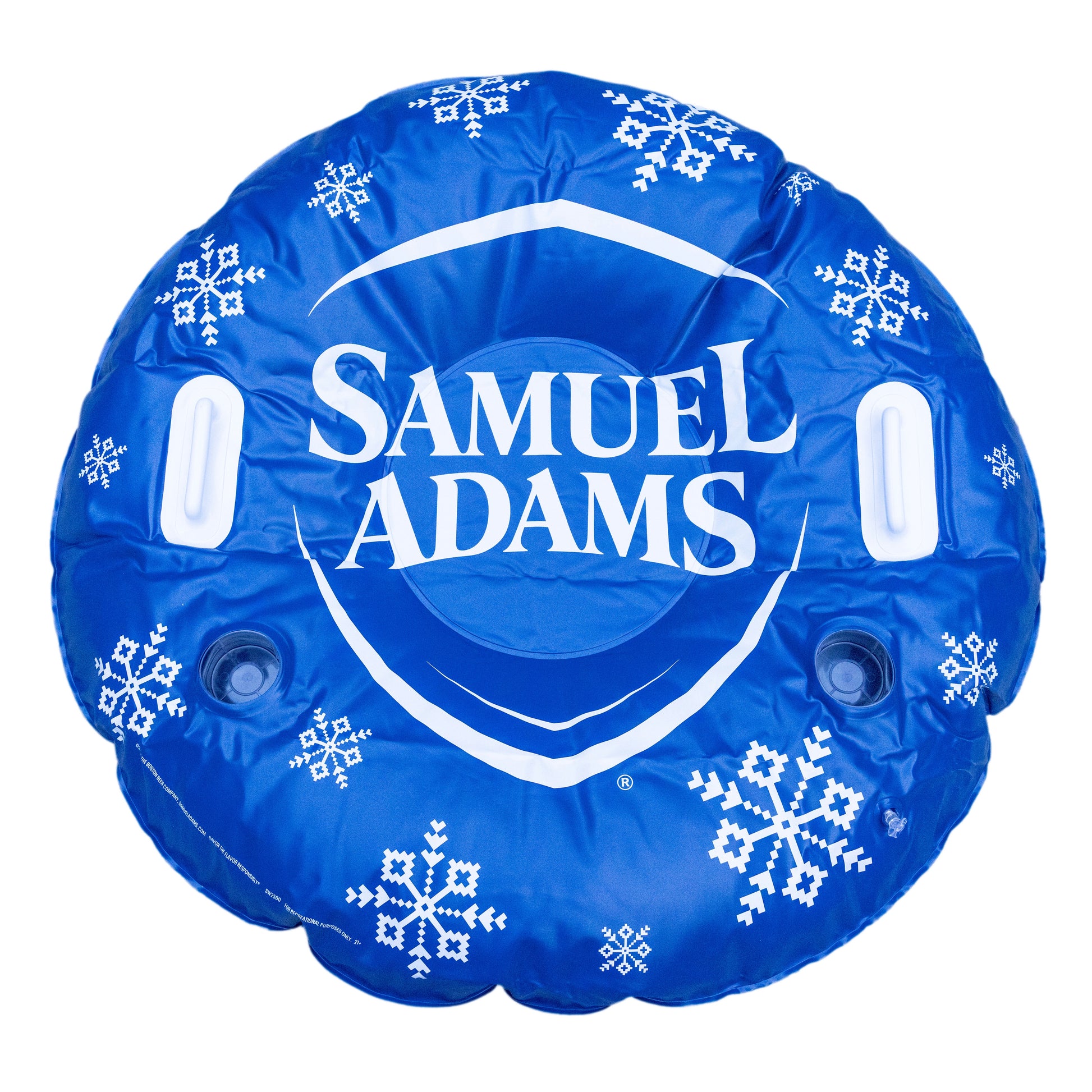 Blue snow tube featuring white snowflakes and Samuel Adams crest logo centered on the tube.