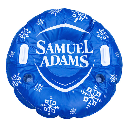 Blue snow tube featuring white snowflakes and Samuel Adams crest logo centered on the tube.
