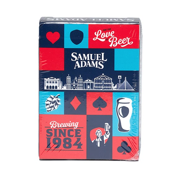 Samuel Adams Playing Cards with red, navy, white, and light blue iconic designs.