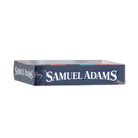 Samuel Adams Playing Cards with red, navy, white, and light blue iconic designs. Comes in a navy box with the Samuel Adams logo around the sides.