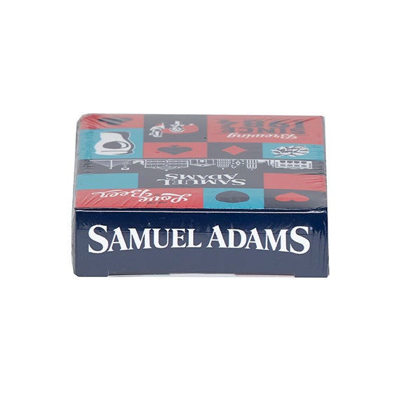 Samuel Adams Playing Cards with red, navy, white, and light blue iconic designs. Comes in a navy box with the Samuel Adams logo around the sides.
