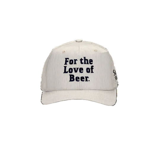 Front view of hat features writing "For the Love of Beer."