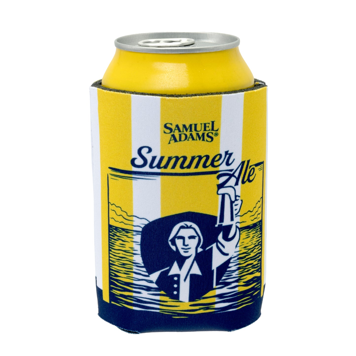 Samuel Adams Summer Ale wearing a can cooler sleeve with yellow striped design and Samuel Adams hoist shield logo