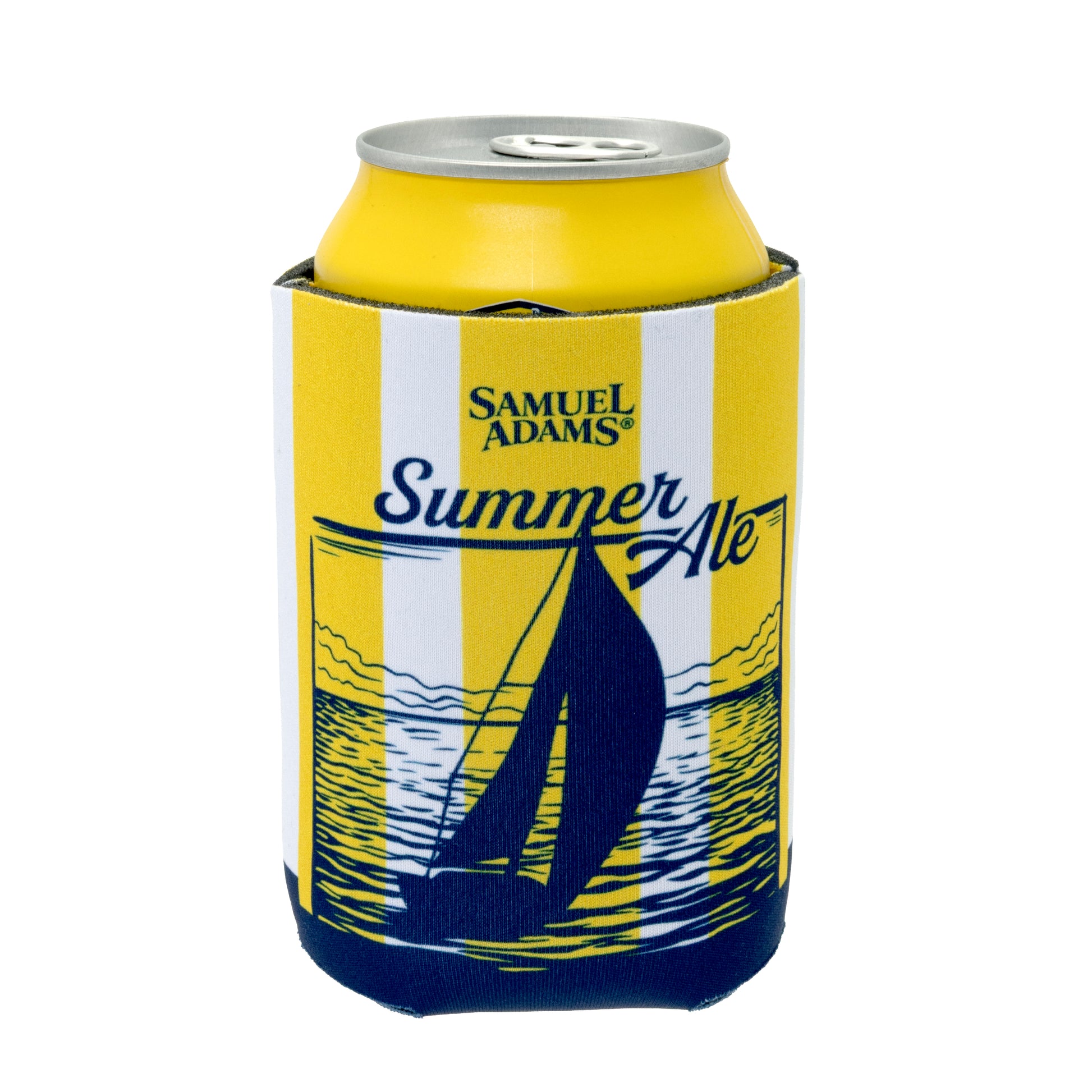 Samuel Adams Summer Ale beer can cooler with sailboat graphic, striped yellow and white koozie wrapped around can, back angle product view