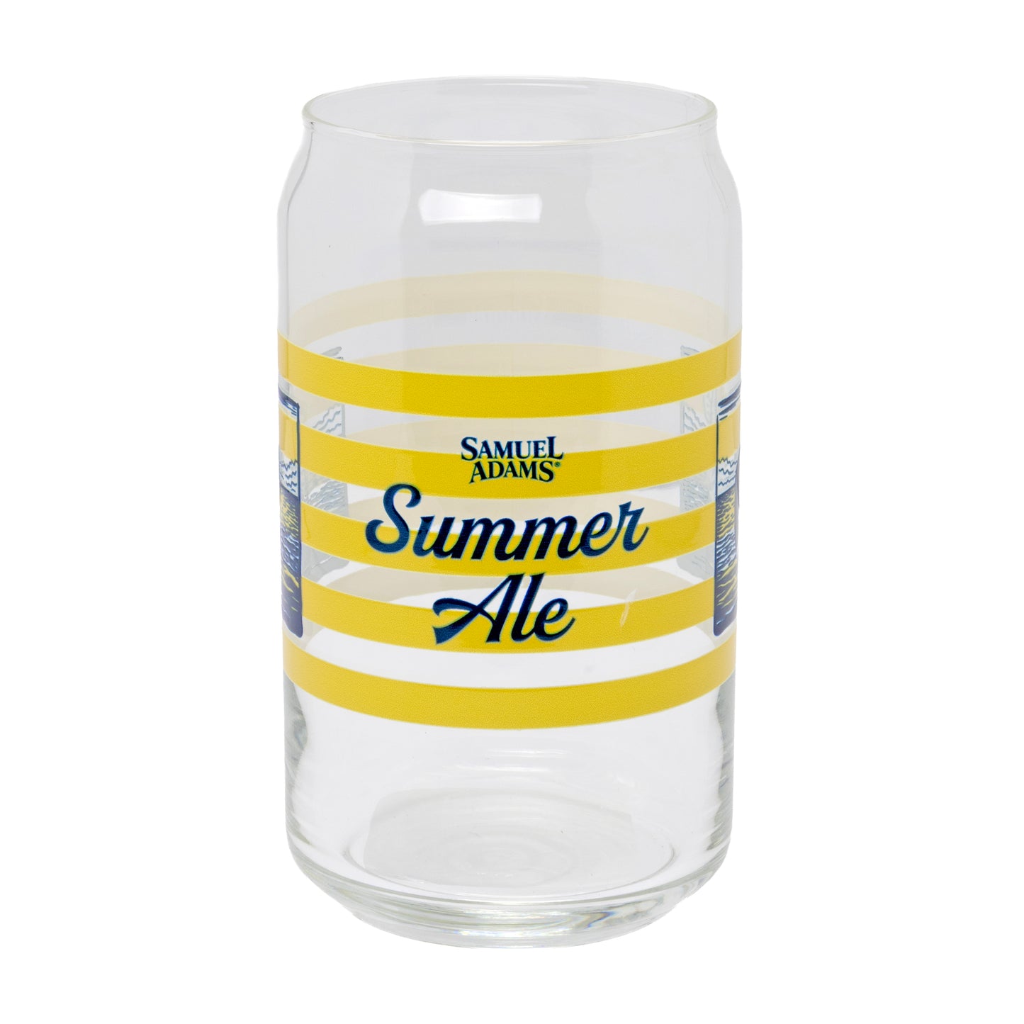 Samuel Adams Summer Ale branded pint glass with yellow striped design, and "Samuel Adams, Summer Ale" written in navy