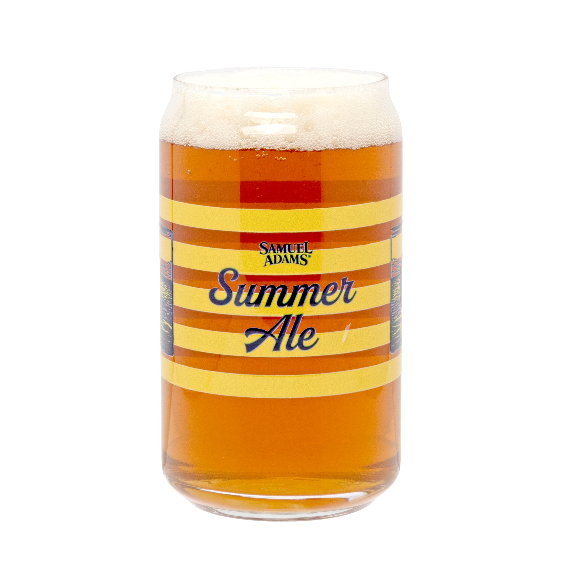 Samuel Adams Summer Ale branded pint glass with yellow striped design, and "Samuel Adams, Summer Ale" written in navy, filled with beer