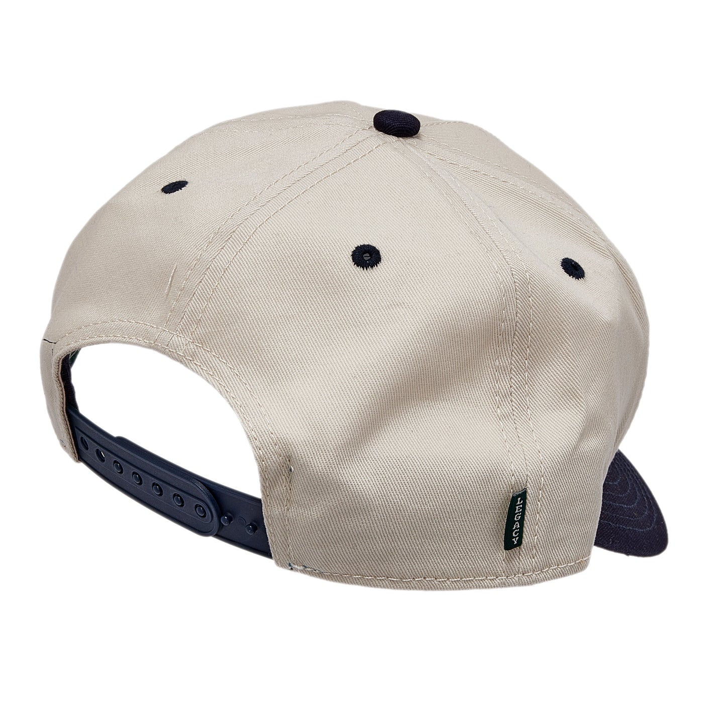 Two tone hat, white cap and navy brim. Raised embroidered Boston text across front.