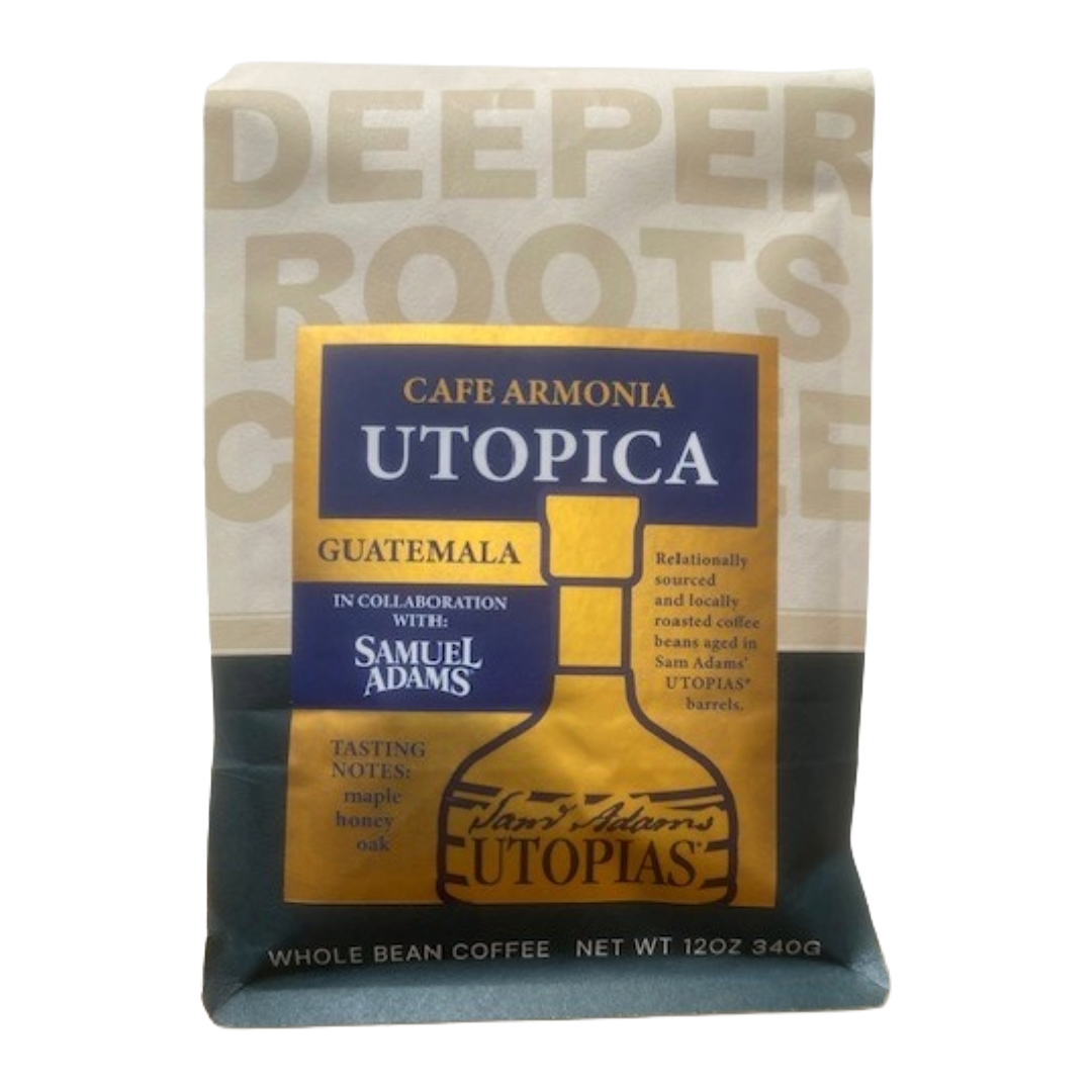 Cafe Armonia Utopica Guatemala coffee package with Samuel Adams branding on a beige background.