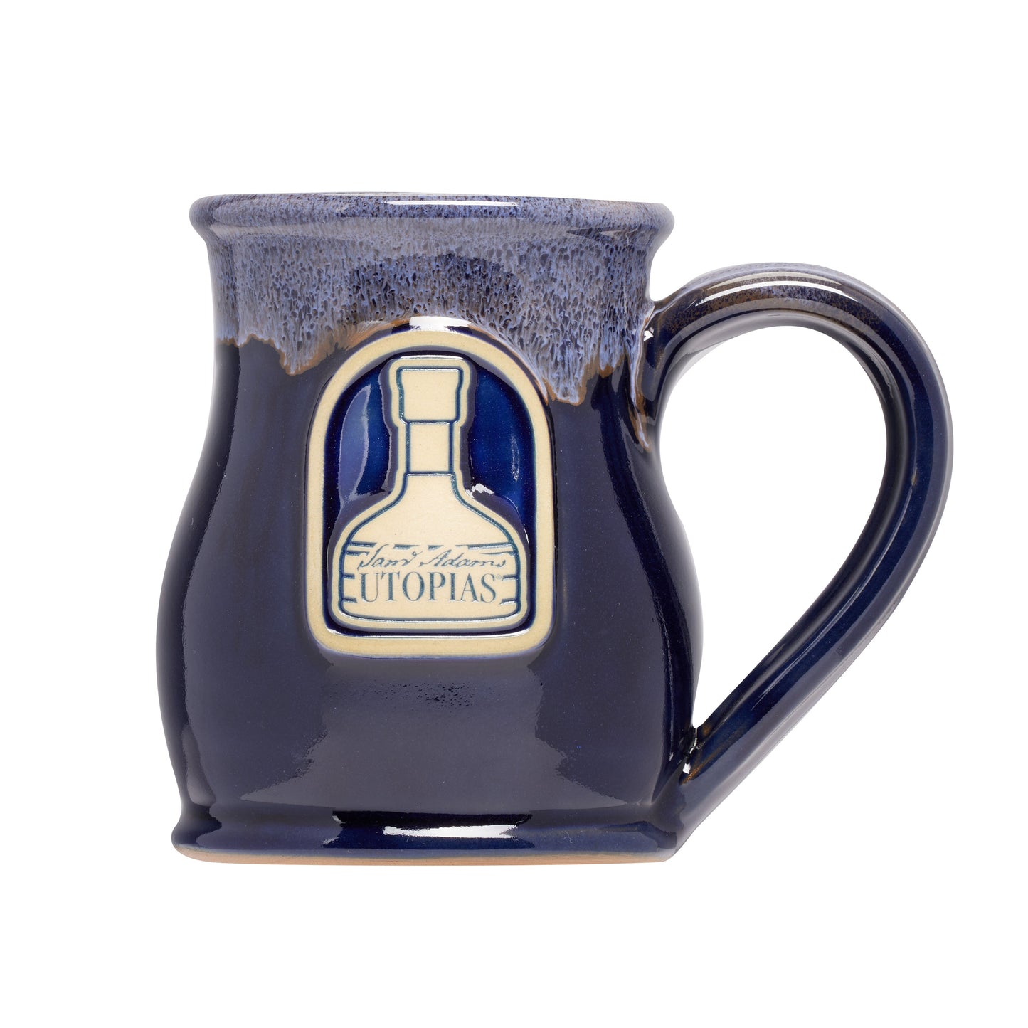 Navy blue mug with a logo on a white background