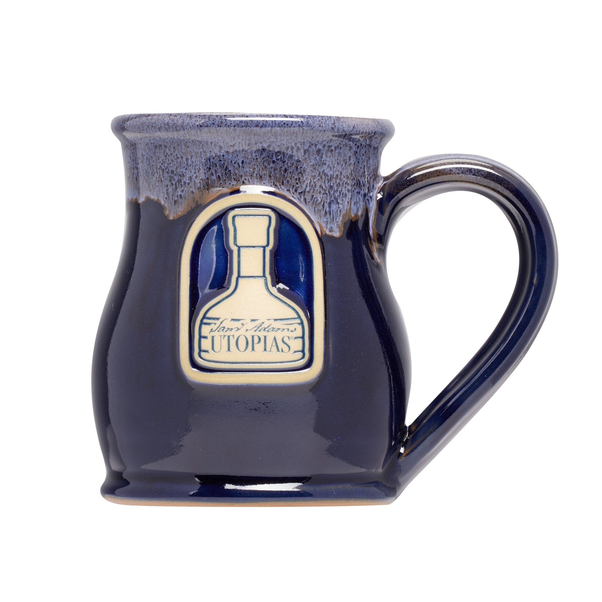 Navy blue mug with a logo on a white background