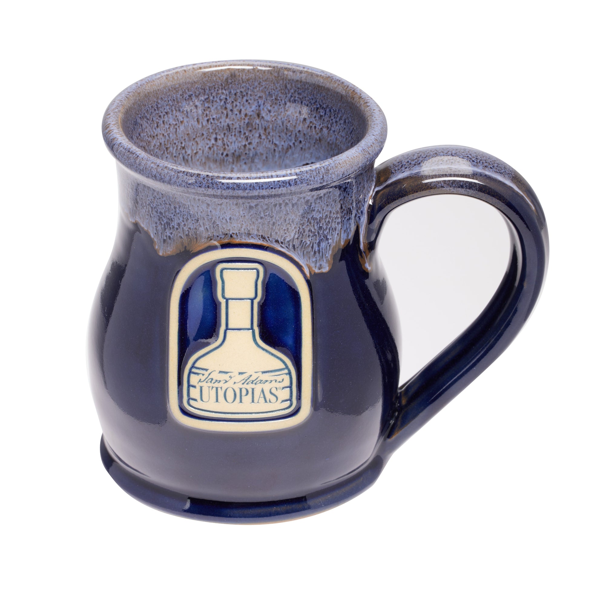 Blue ceramic mug with a logo on a white background