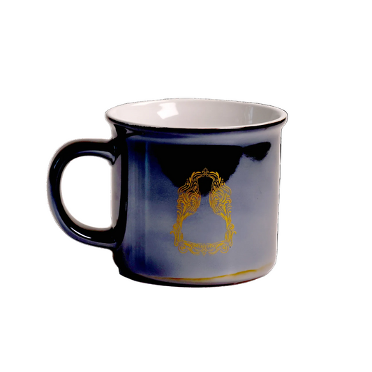 Blue and white ceramic stain mug with gold utopia design 