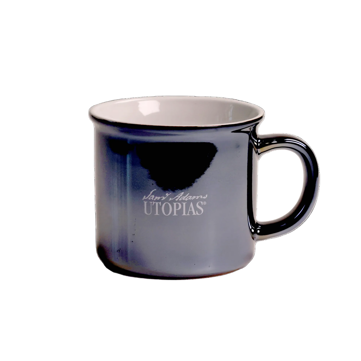 Blue and white ceramic stain mug with light purple Sam Adams Utopia logo