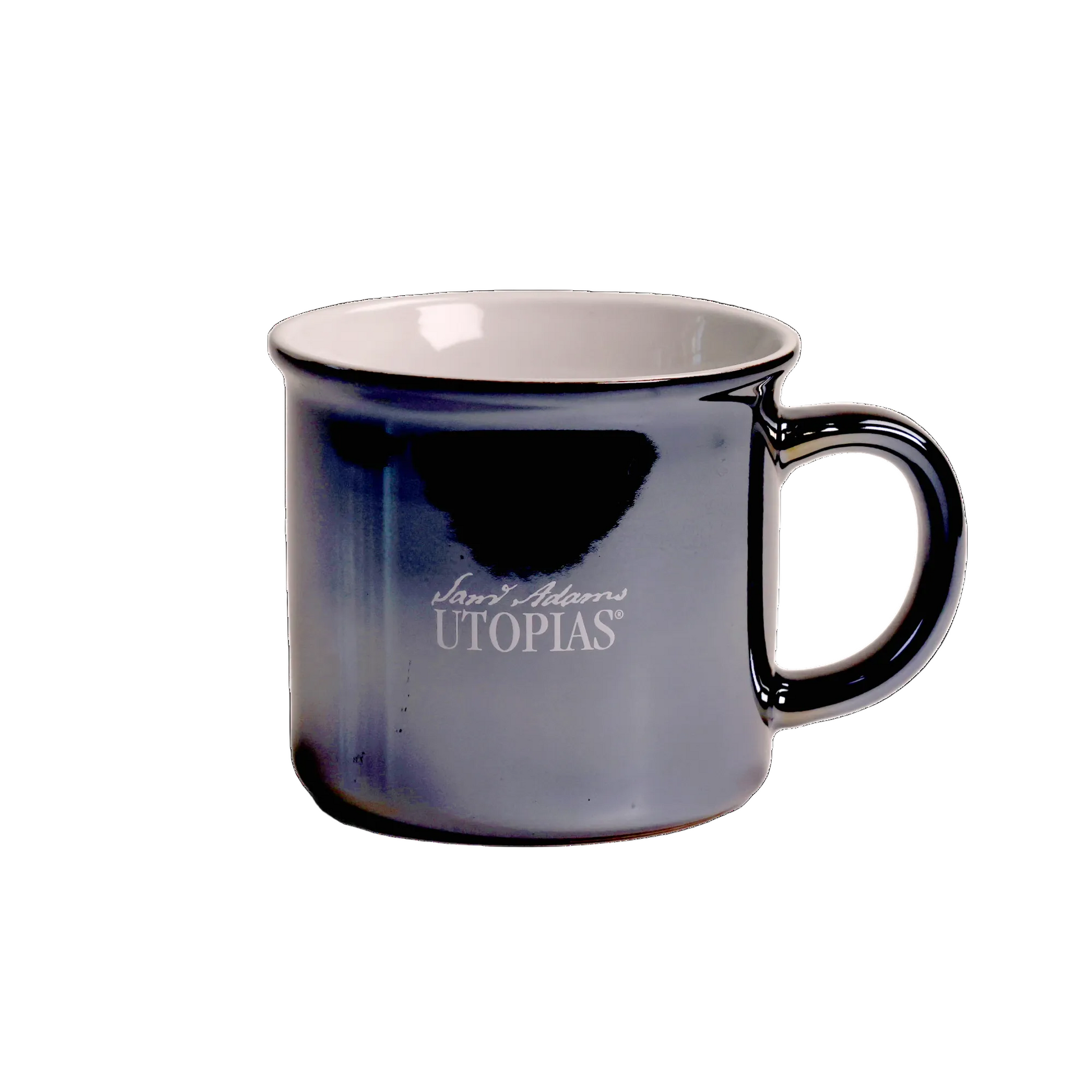 Blue and white ceramic stain mug with light purple Sam Adams Utopia logo