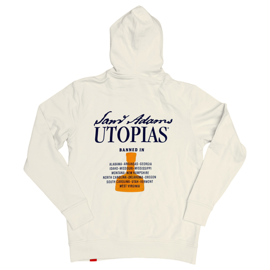 Back view of the hoodie showing a large Samuel Adams Utopias logo, a copper bottle graphic, and a list of U.S. states where Utopias is banned.