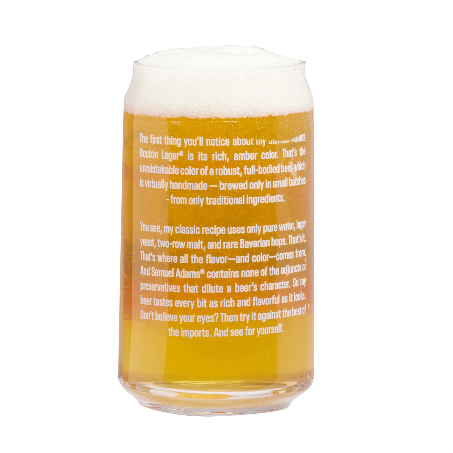 Back view of can glass with beer filled to rim. Glass features quoted writing from the top to the bottom of the glass of the Boston Lager being talked about.