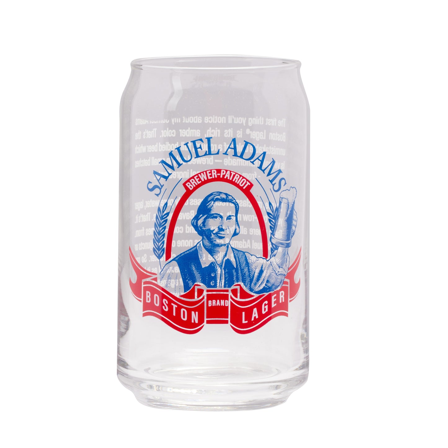 Front view of can glass with beer filled to the brim. Glass features Sam Adams hoisting a beer with writing "Samuel Adams Boston Lager" and "Brewer Patriot" around him.
