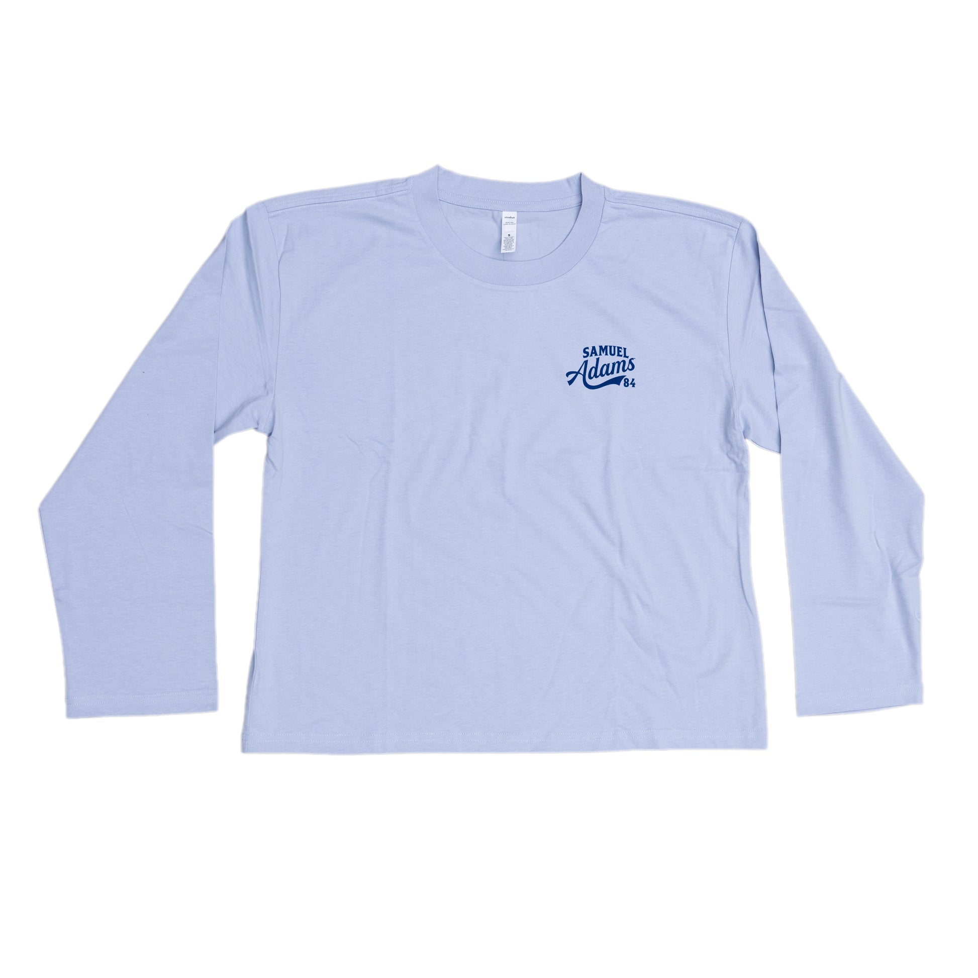 Front view of blue long sleeve features the Samuel Adams logo on the left side of the chest in a darker blue.