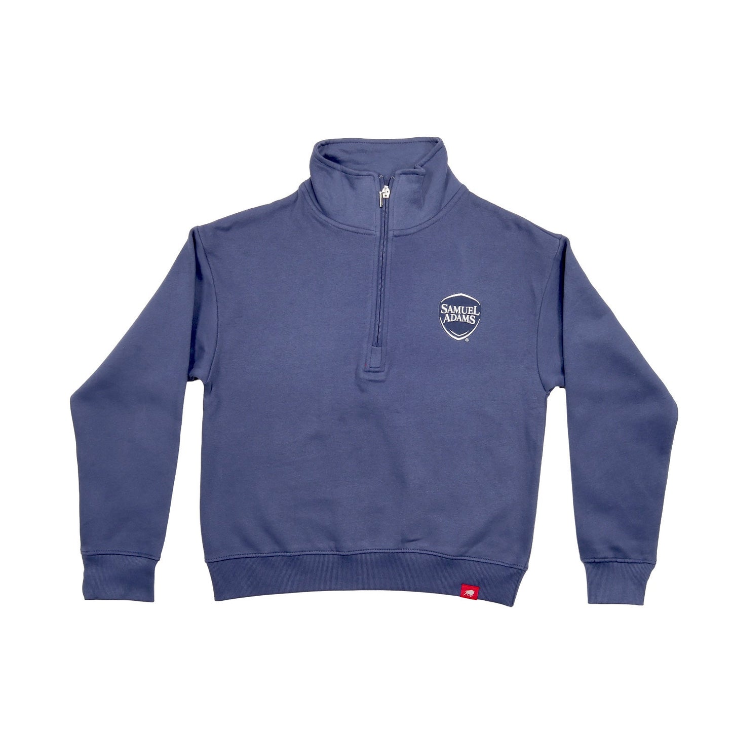 Blue Samuel Adams quarter zip sweatshirt with a Samuel Adams logo on the left chest