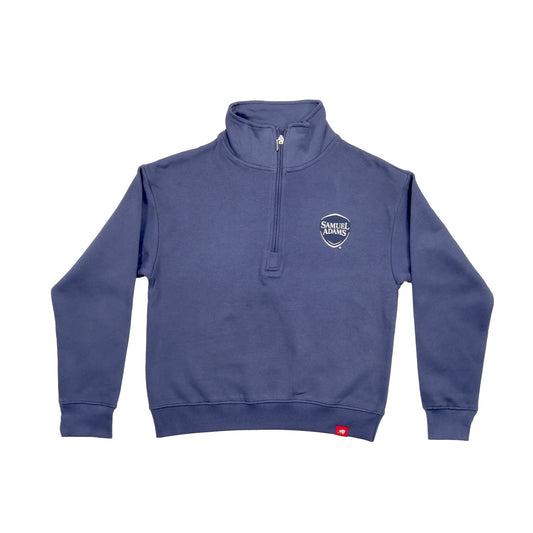 Blue Samuel Adams quarter zip sweatshirt with a Samuel Adams logo on the left chest