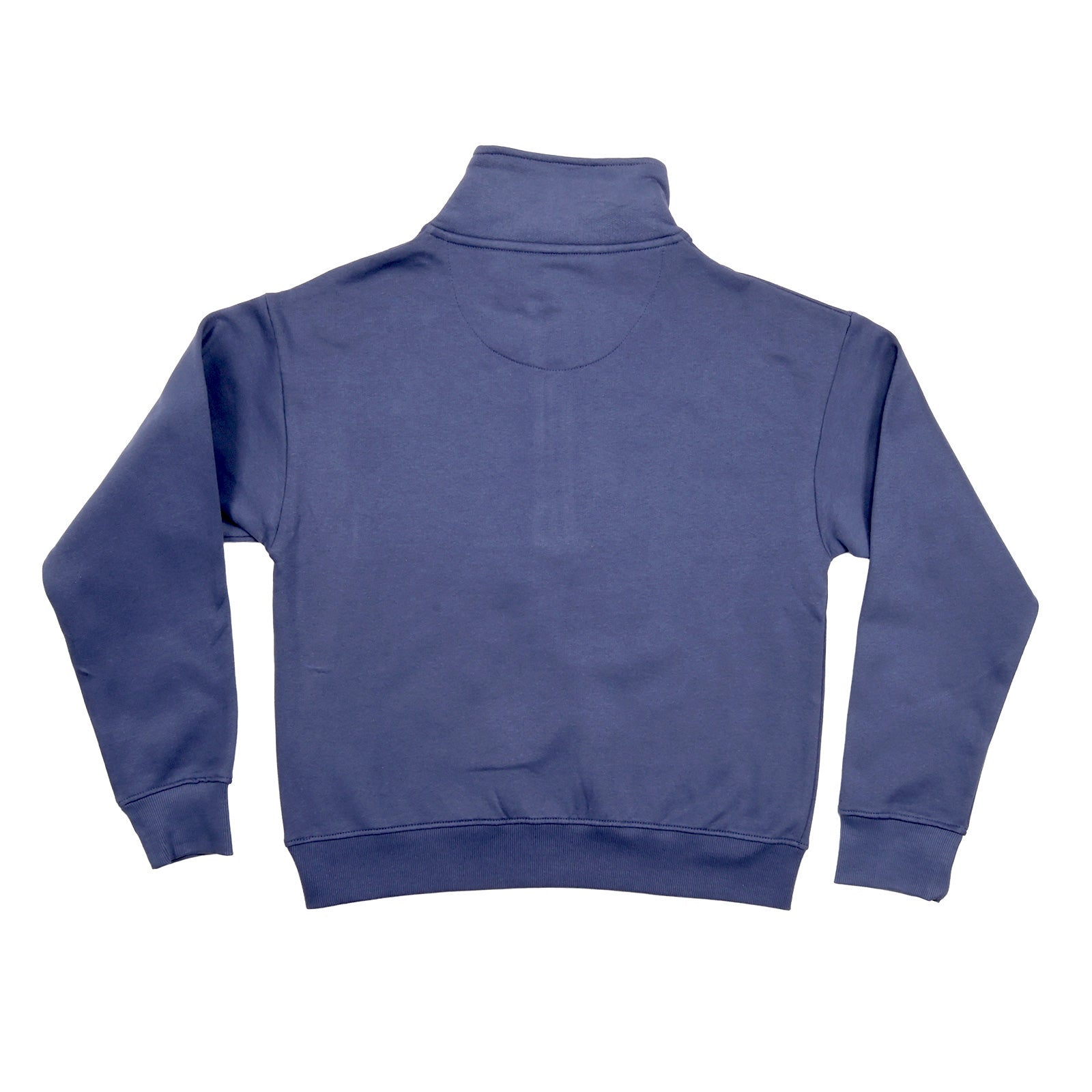Backside of blue Samuel Adams quarter zip sweatshirt with a Samuel Adams logo on the left chest