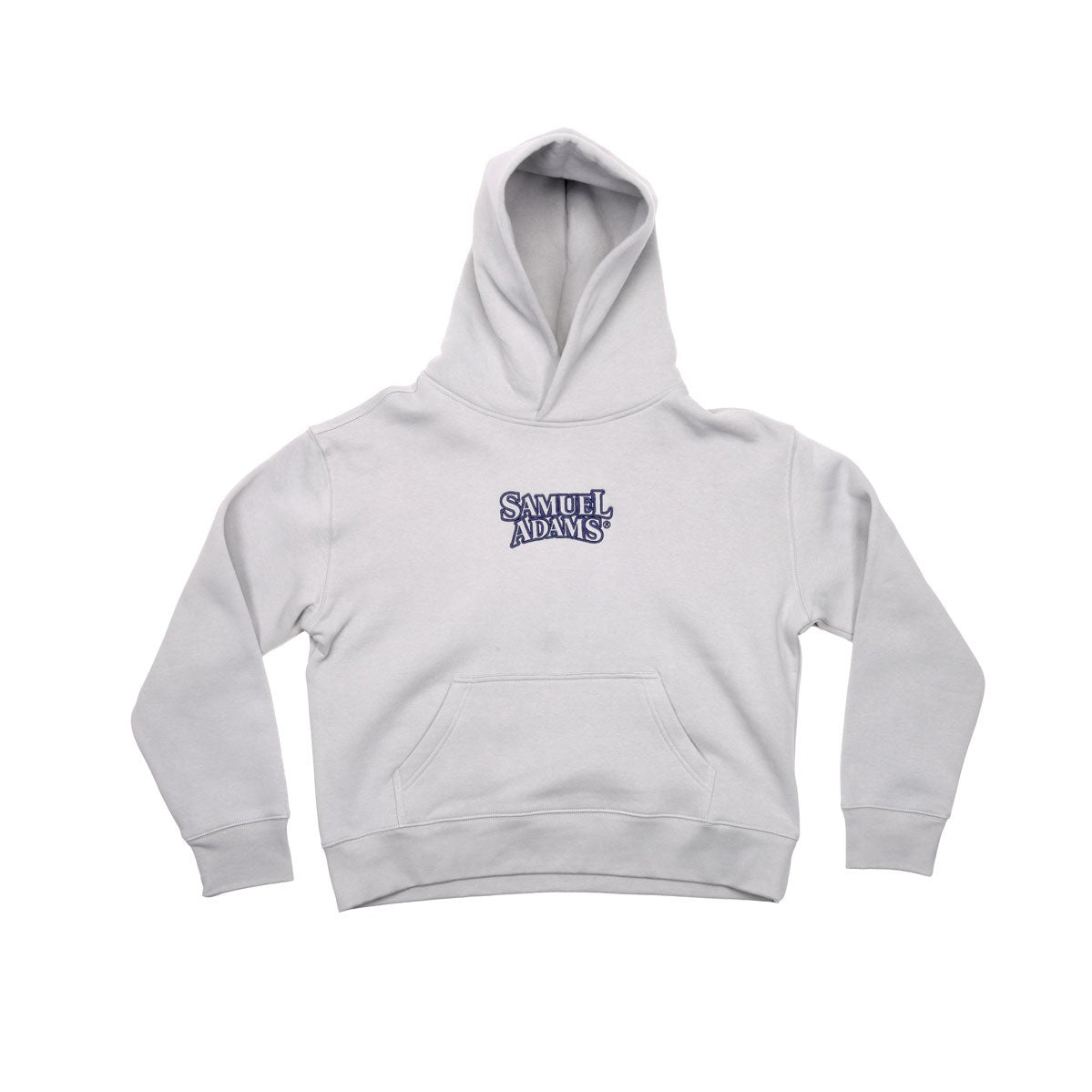 Light grey hoodie with a navy Samuel Adams logo in the center.
