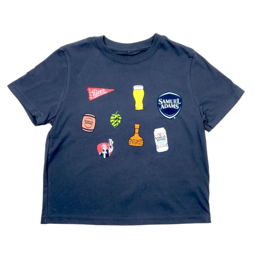 Front view of tee features clip art of a red beer banner, a pint of beer, the Sam Adams crest logo, a Sam Adams barrel, a hop plant, the Utopias bottle, a Sam Adams can, and a red crest with Sam Adams hoisting a beer.