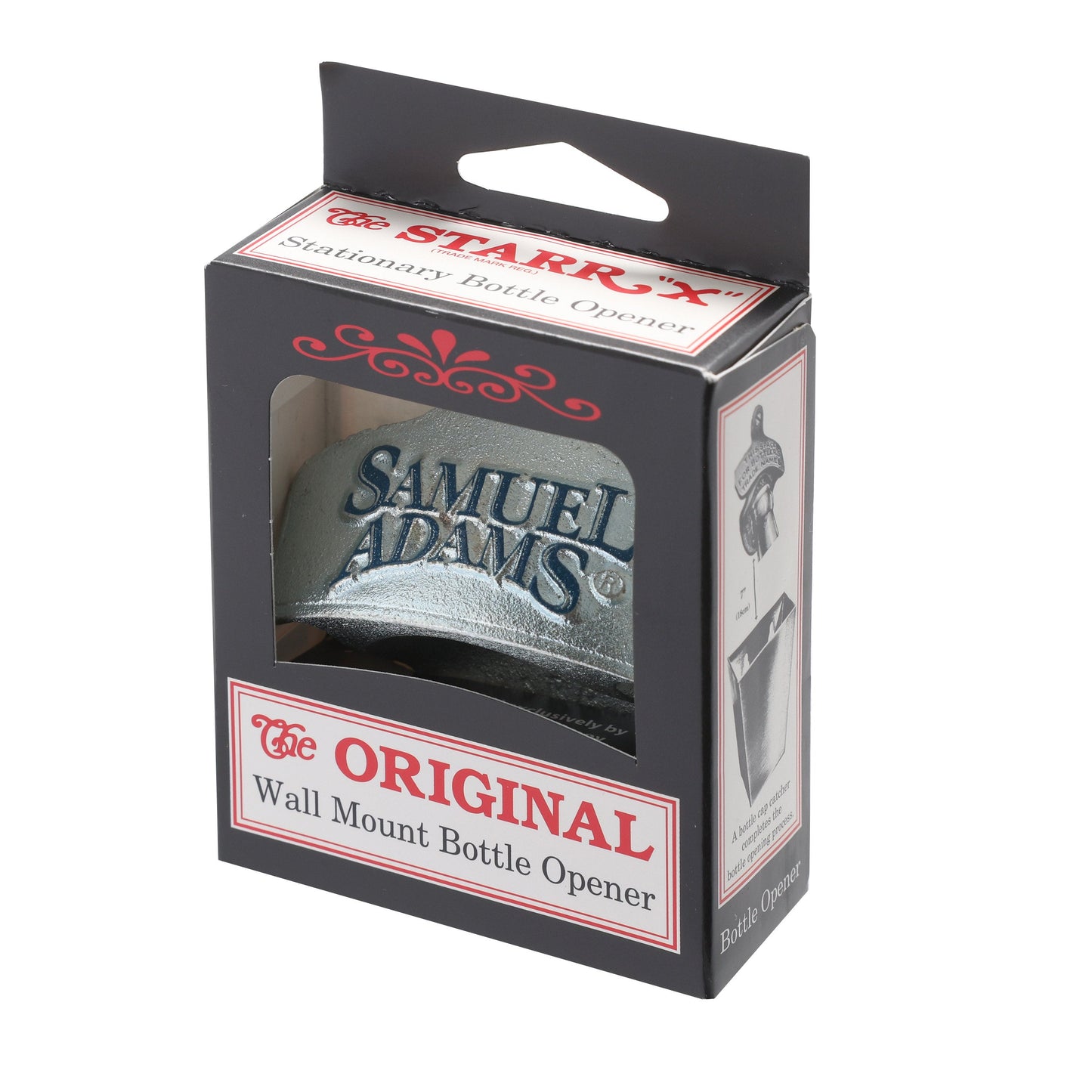 Metal stationary Samuel Adams bottle opener with screw holes to mount, packaged in a cardboard and paper box.