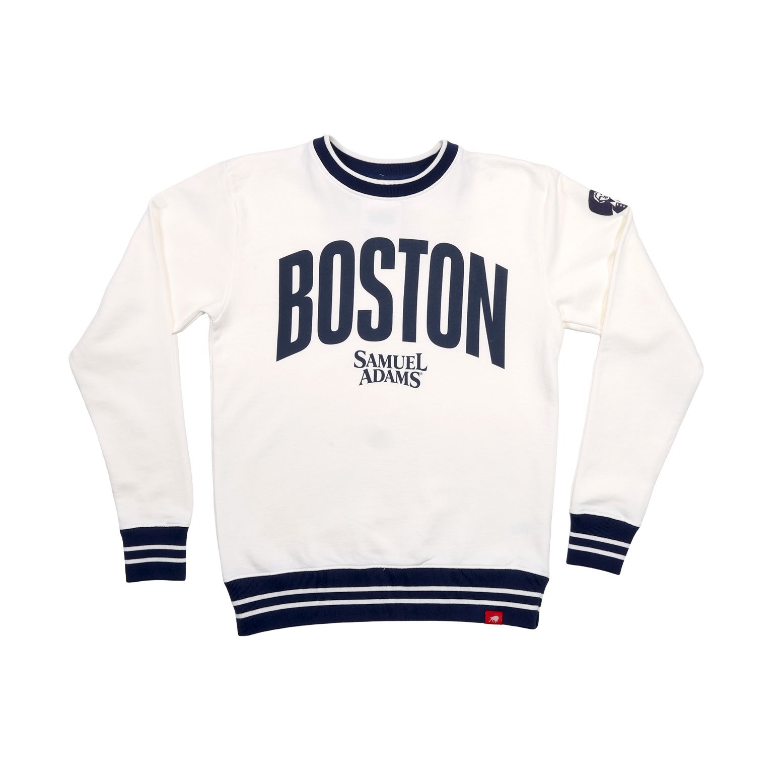 This is a white crewneck sweater with thick navy stripes around the neckband, cuff, and hem of the sweater. In matching large navy text reads "BOSTON", beneath in smaller text in the Samuel Adam's logo.