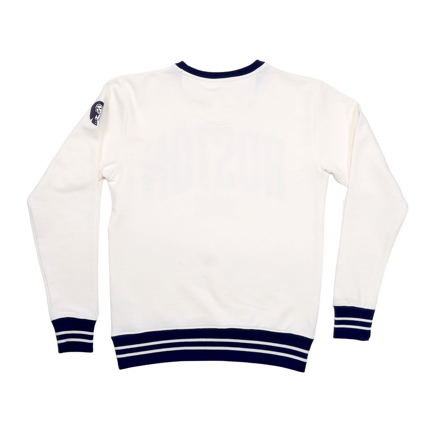 This is the backside of a white crewneck sweater with thick navy stripes around the neckband, cuff, and hem of the sweater.
