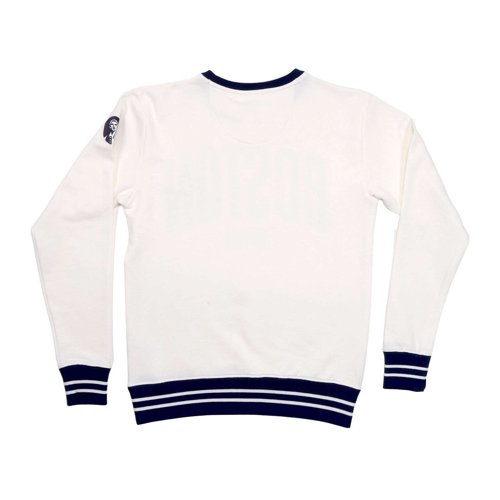 This is the backside of a white crewneck sweater with thick navy stripes around the neckband, cuff, and hem of the sweater.