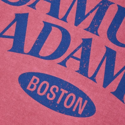 Close-up of a pink fabric surface with large distressed blue text reading 'SAMUEL ADAMS' and a blue oval containing the word 'BOSTON' in red.