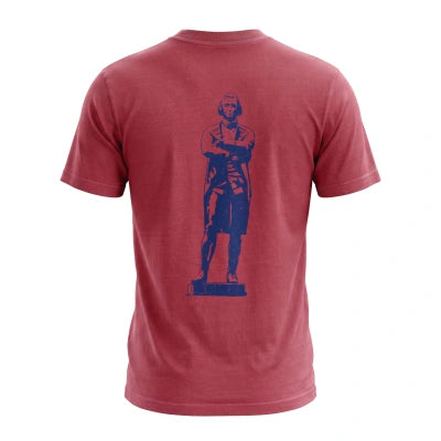 A heathered red short-sleeve t-shirt shown from the back, featuring a dark blue graphic print of a historical statue on the center back.