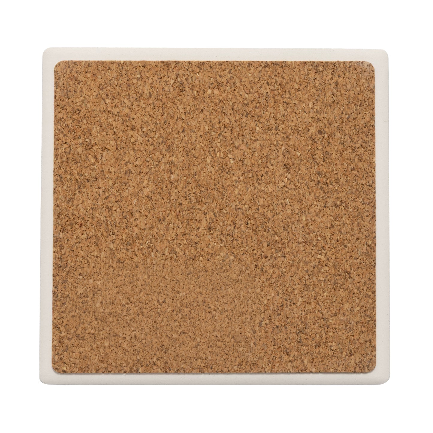 A top view of the back of a coaster, with a square, white border and a cork square in the center. 