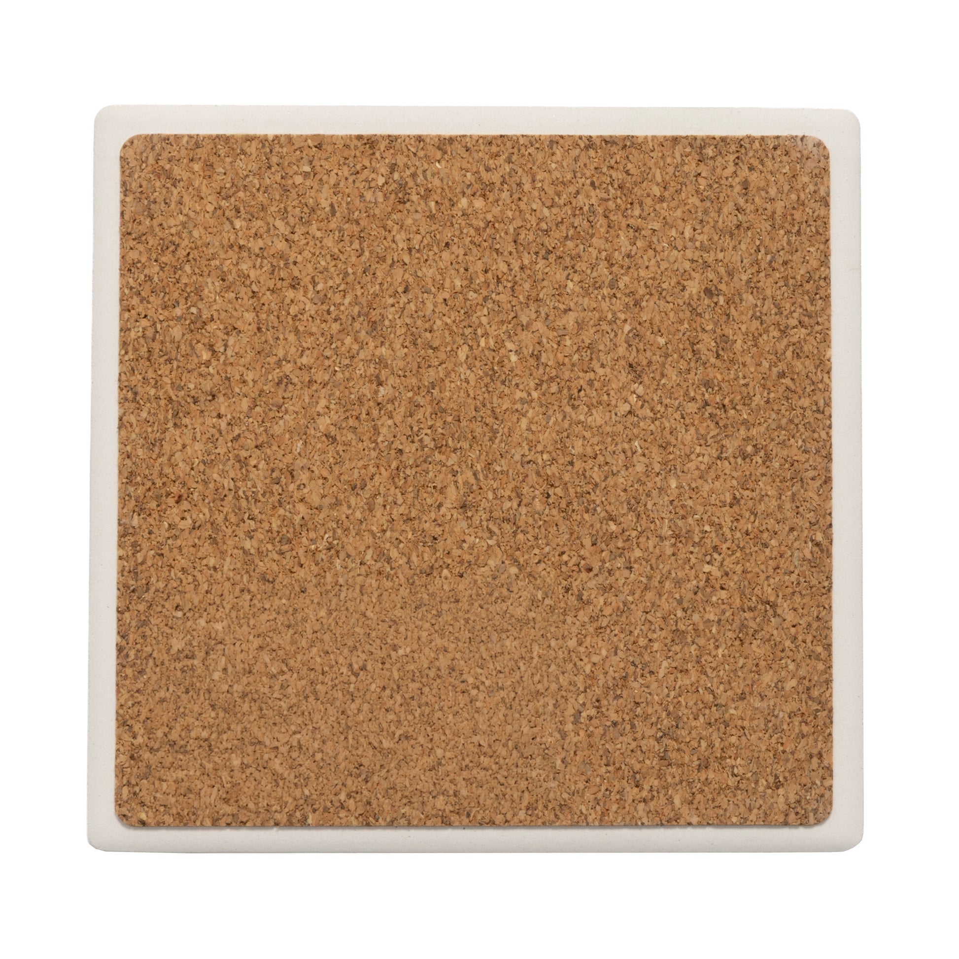 A top view of the back of a coaster, with a square, white border and a cork square in the center. 